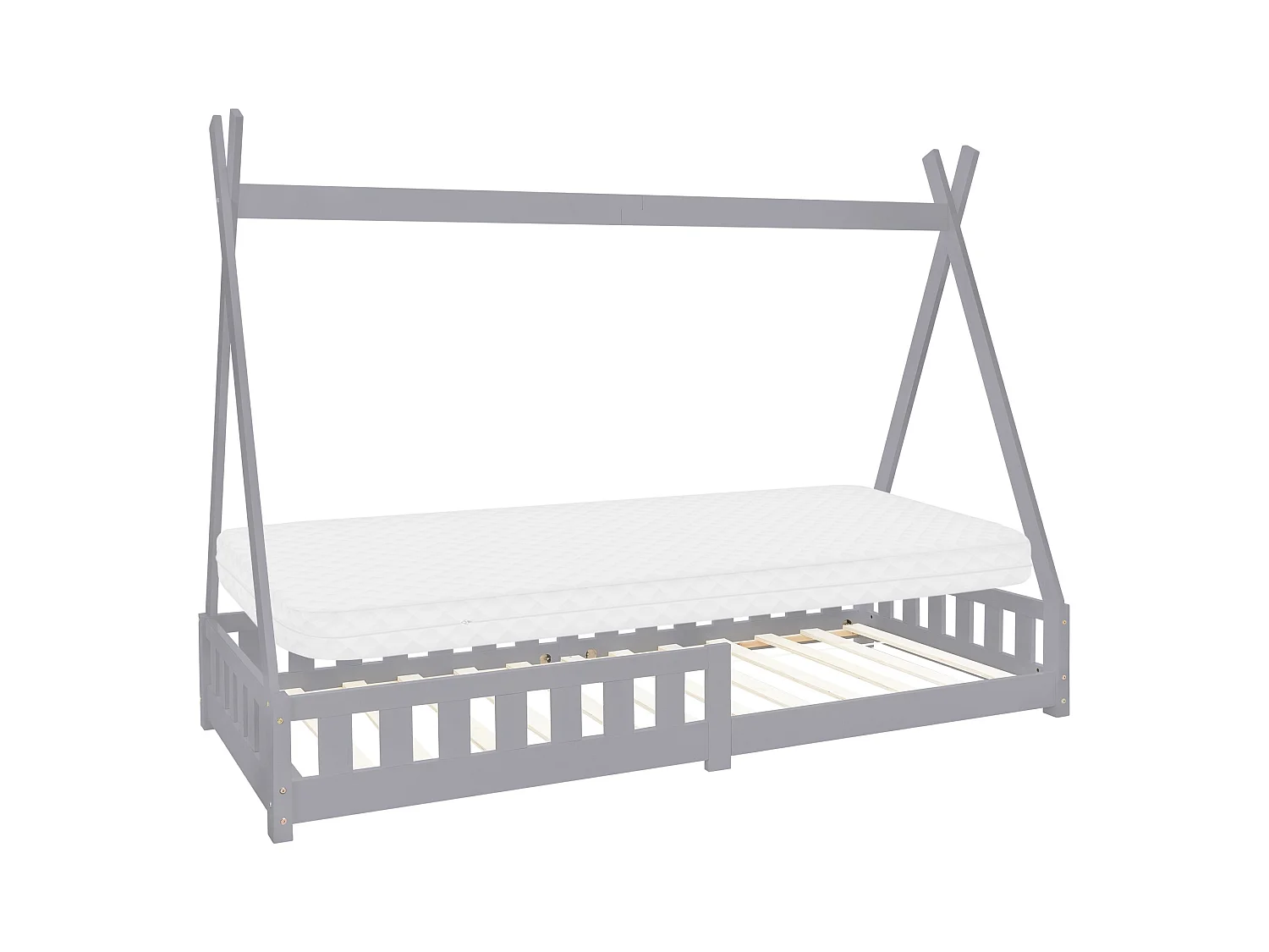 Lit d'enfants Tipi 90x200 cm gris clair style indien cadre bois de pin massif avec matelas H:10cm hypoallergénique housse amovible et sommier à lattes