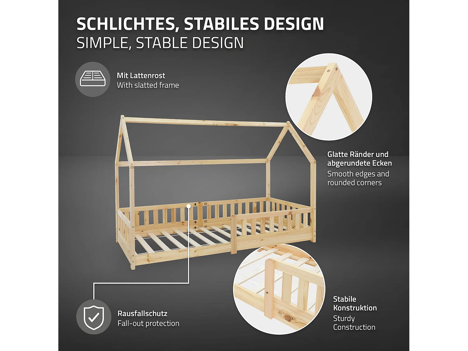 Lit d'enfants Tipi 90x200cm naturel style maison avec toit et sommier à lattes grille de sécurité bois de pin massif tente de jeu  pour filles/garçons