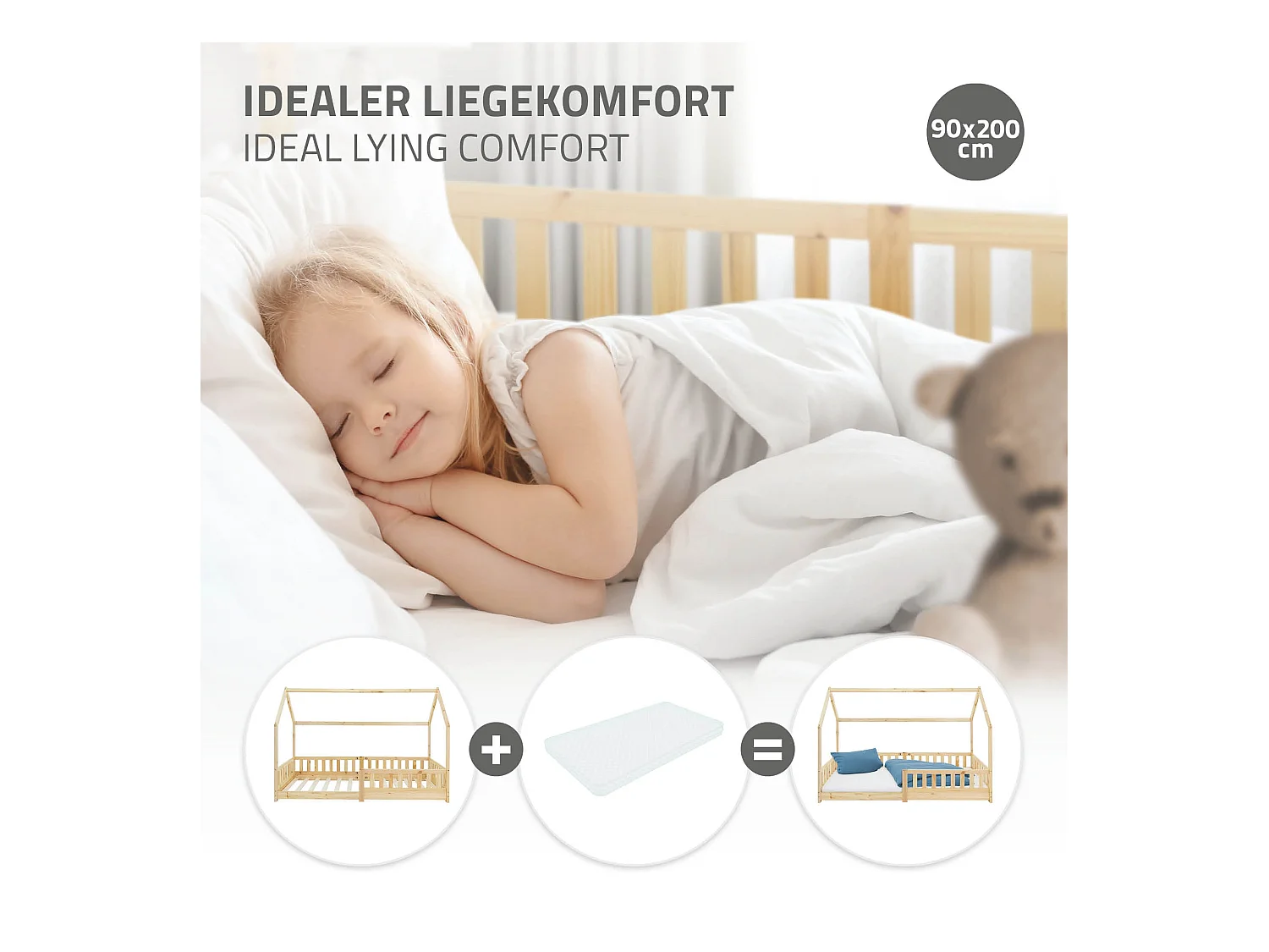 Lit d'enfants Tipi 90x200cm naturel style maison avec toit et sommier à lattes grille de sécurité bois de pin massif tente de jeu  pour filles/garçons