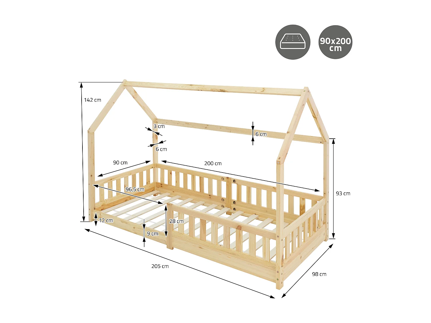 Lit d'enfants Tipi 90x200cm naturel style maison avec toit et sommier à lattes grille de sécurité bois de pin massif tente de jeu  pour filles/garçons