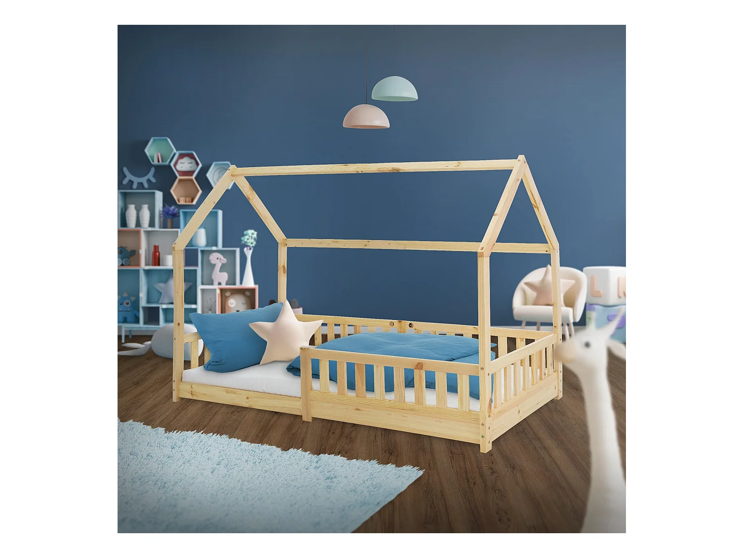 Lit d'enfants Tipi 90x200cm naturel style maison avec toit et sommier à lattes grille de sécurité bois de pin massif tente de jeu  pour filles/garçons