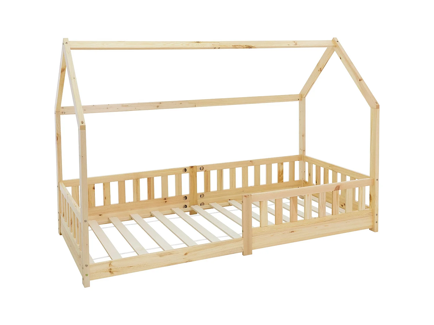 Lit d'enfants Tipi 90x200cm naturel style maison avec toit et sommier à lattes grille de sécurité bois de pin massif tente de jeu  pour filles/garçons