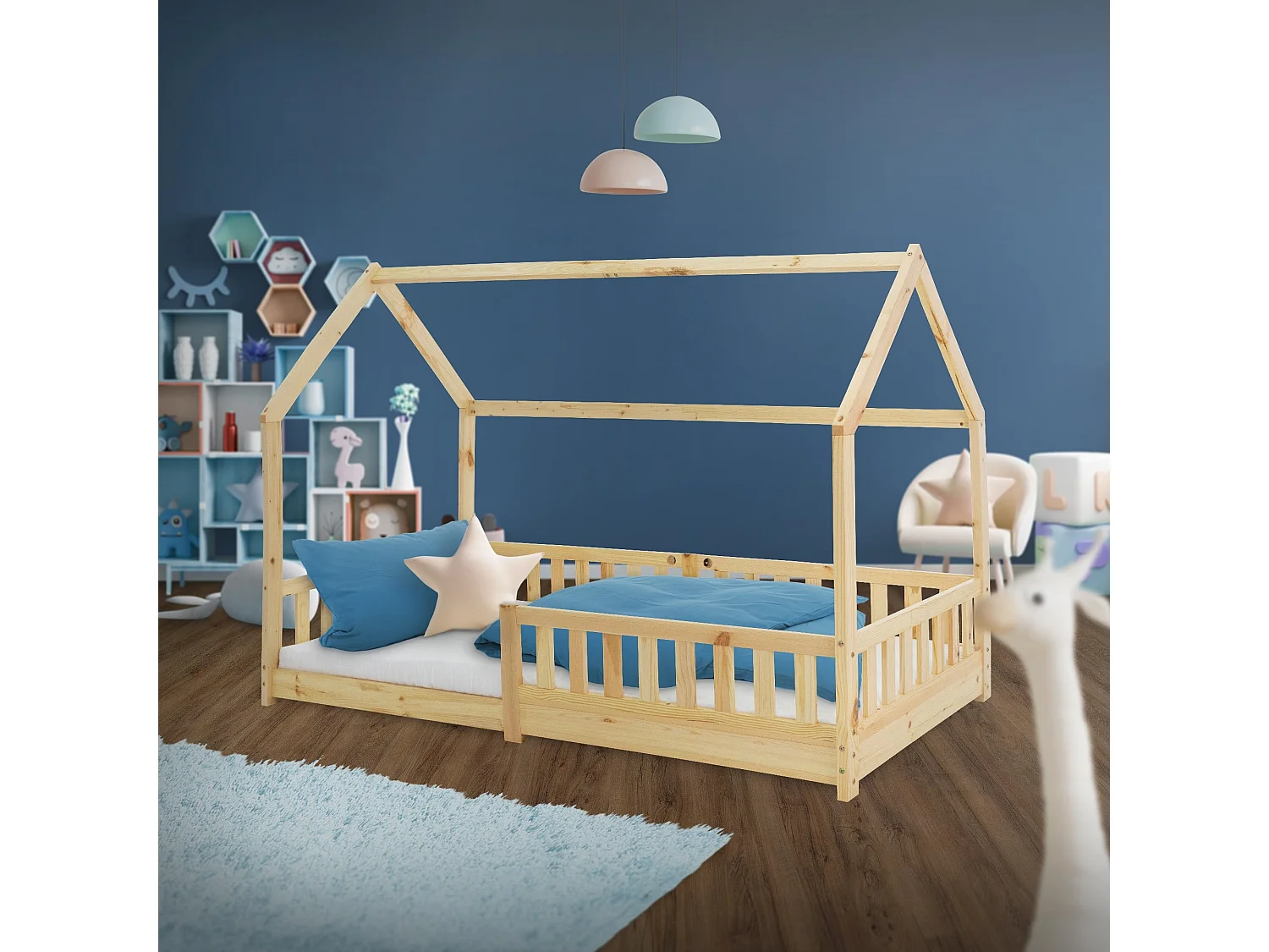 Lit d'enfants Tipi 90x200cm naturel style maison avec toit et sommier à lattes grille de sécurité bois de pin massif tente de jeu  pour filles/garçons