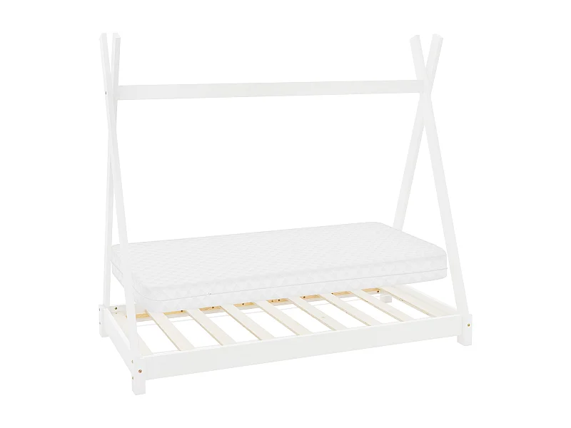 ML-Design Cama infantil tipi 70x140 cm color blanco con colchón de espuma fría y somier estructura de listones con techo forma de tienda