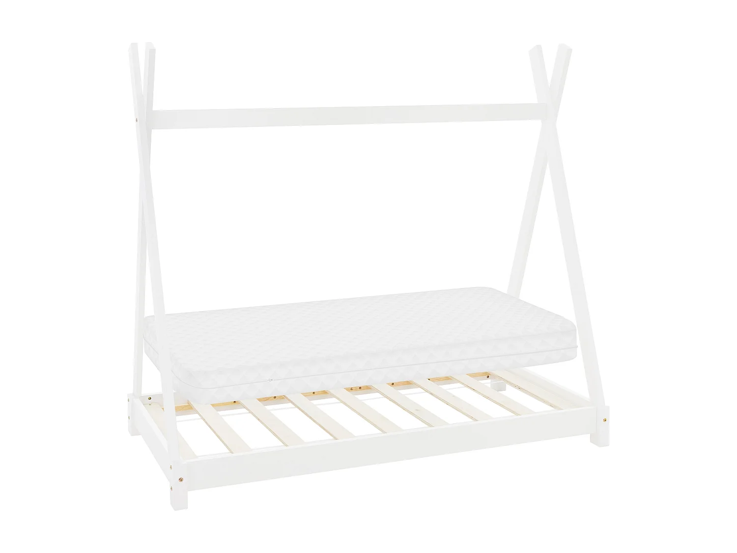 Lit d'enfants Tipi 70x140cm blanc style indien cadre bois de pin massif avec matelas hypoallergénique housse amovible respirant et sommier à lattes