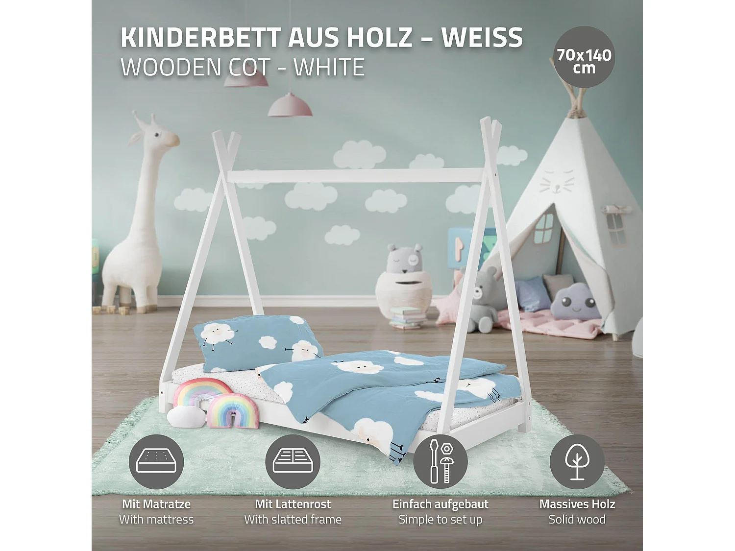 ML-Design Cama infantil tipi 70x140 cm color blanco con colchón de espuma fría y somier estructura de listones con techo forma de tienda