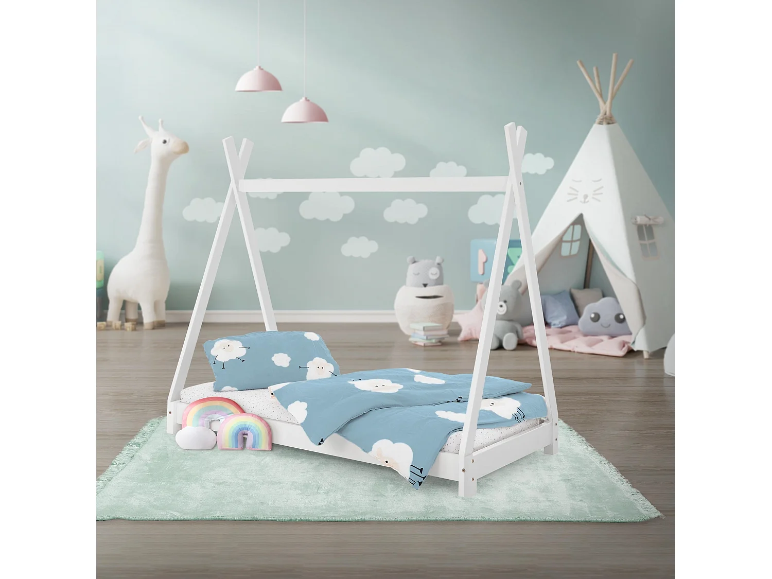 ML-Design Cama infantil tipi 70x140cm color blanco con protección anticaída y somier mobiliario con estructura de listones madera de pino maciza