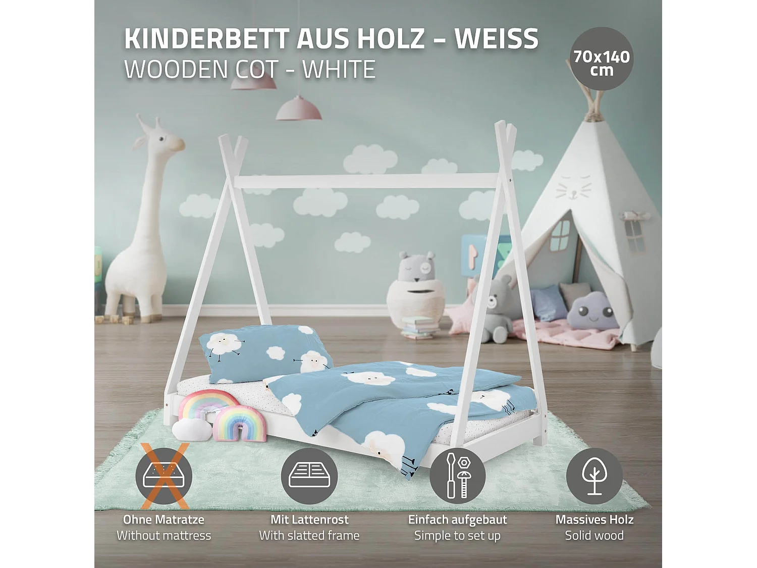 ML-Design Lettino per bambini design tepee con rete telaio a doghe 70x140 cm bianco, letto basso a forma di tenda indiana, giroletto legno pino