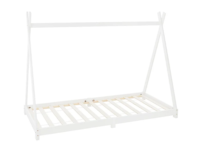 Lit d'enfants Tipi 90x200cm blanc avec sommier à lattes en bois de pin massif tente indien cadre de lit stable robuste lit simple de jeu d`adolescents