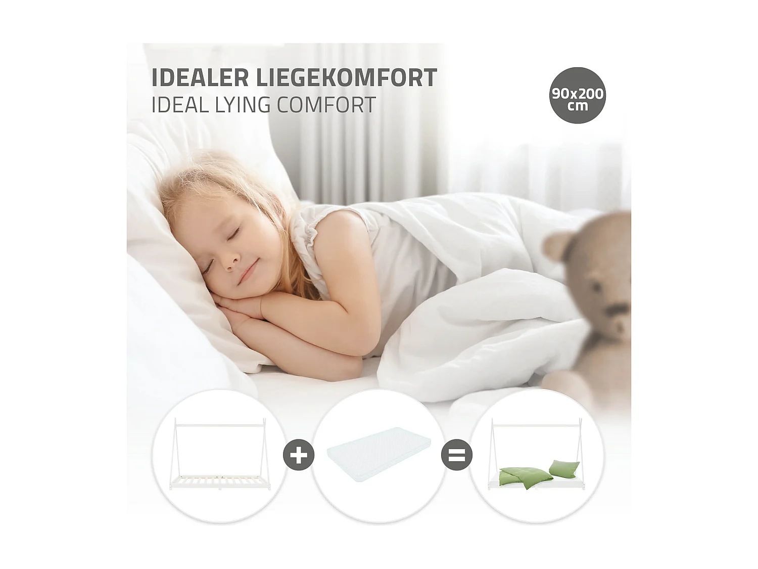 ML-Design Cama infantil tipi 90x200cm color blanco  con listones de madera de pino maciza mobiliario forma de casa tienda de campaña para niños