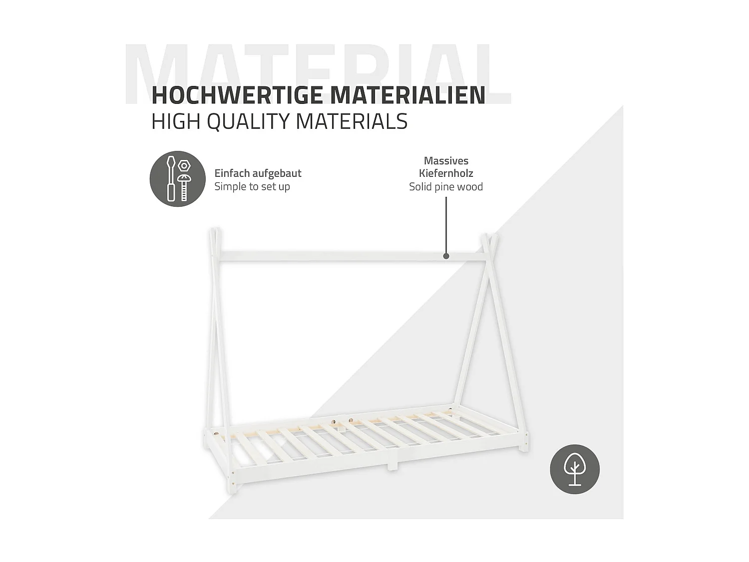 ML-Design Cama infantil tipi 90x200cm color blanco  con listones de madera de pino maciza mobiliario forma de casa tienda de campaña para niños