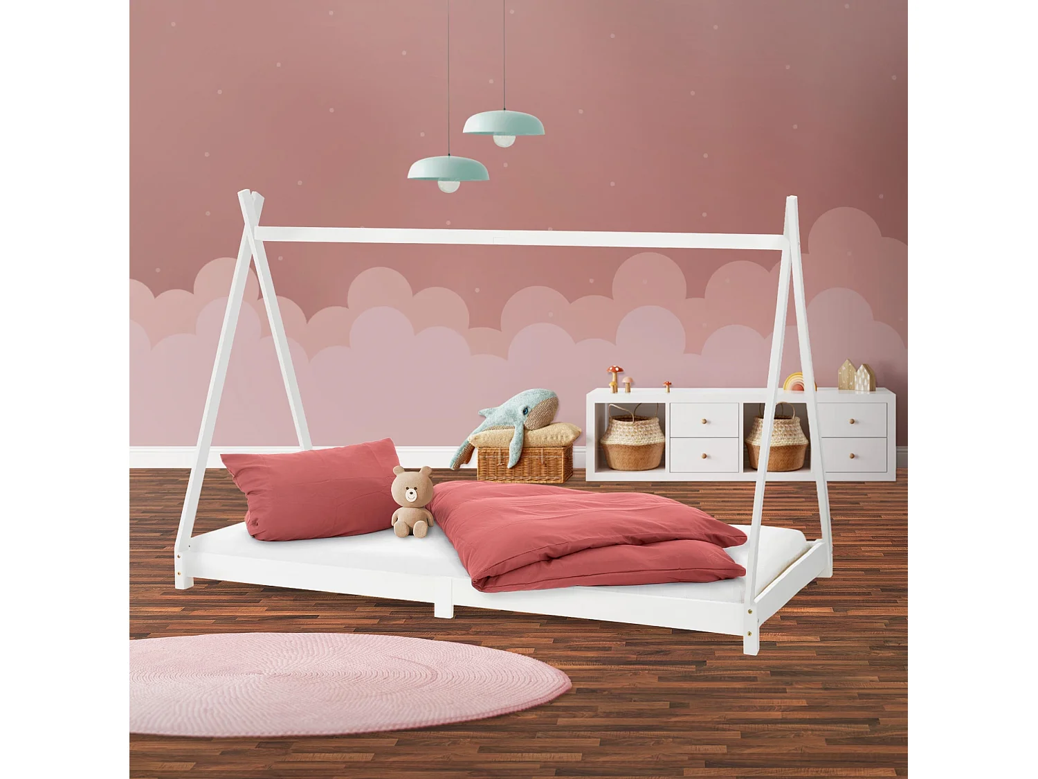 ML-Design Cama infantil tipi 90x200cm color blanco  con listones de madera de pino maciza mobiliario forma de casa tienda de campaña para niños