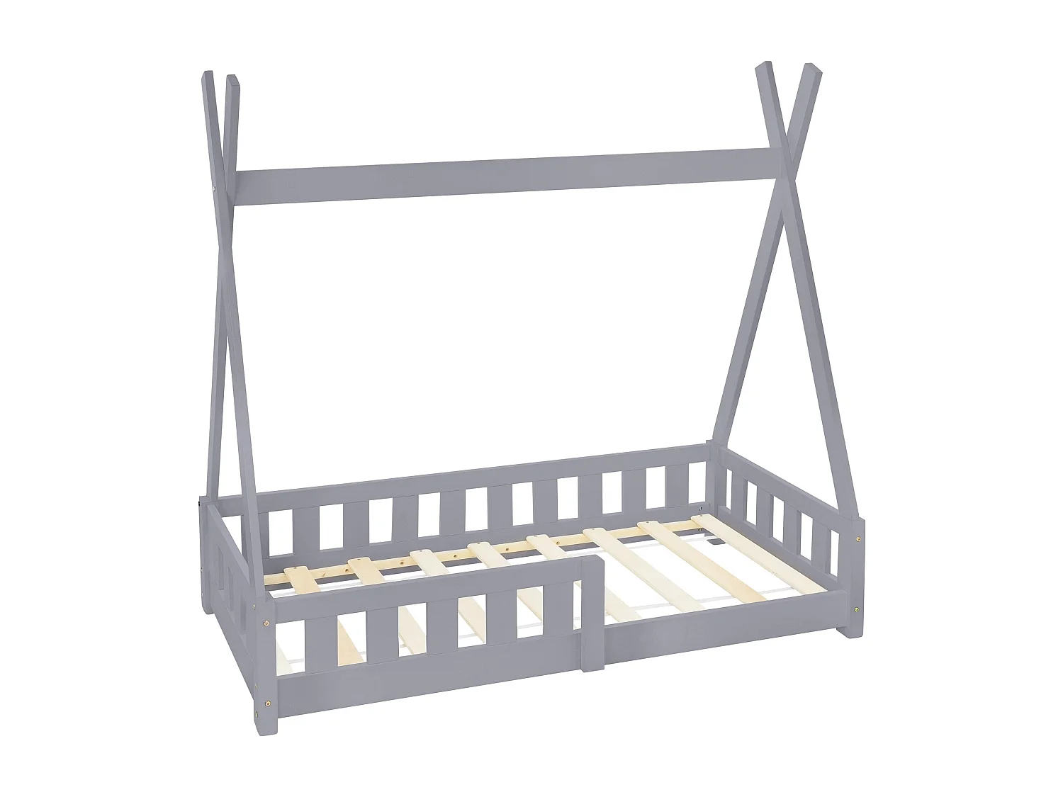 ML-Design Cama infantil tipi 70x140cm color gris claro con protección anticaída y somier mobiliario con estructura de listones madera de pino maciza