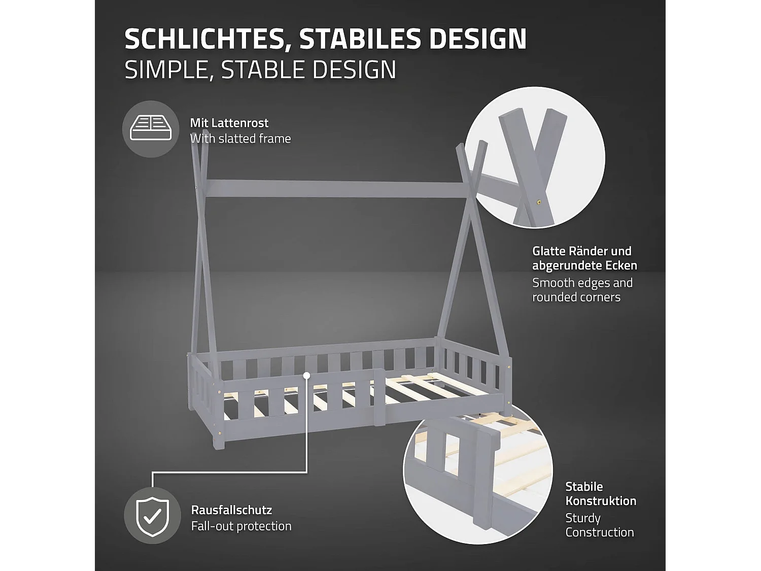 ML-Design Cama infantil tipi 70x140cm color gris claro con protección anticaída y somier mobiliario con estructura de listones madera de pino maciza