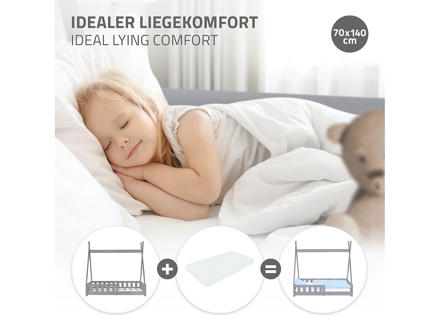 ML-Design Cama infantil tipi 70x140cm color gris claro con protección anticaída y somier mobiliario con estructura de listones madera de pino maciza