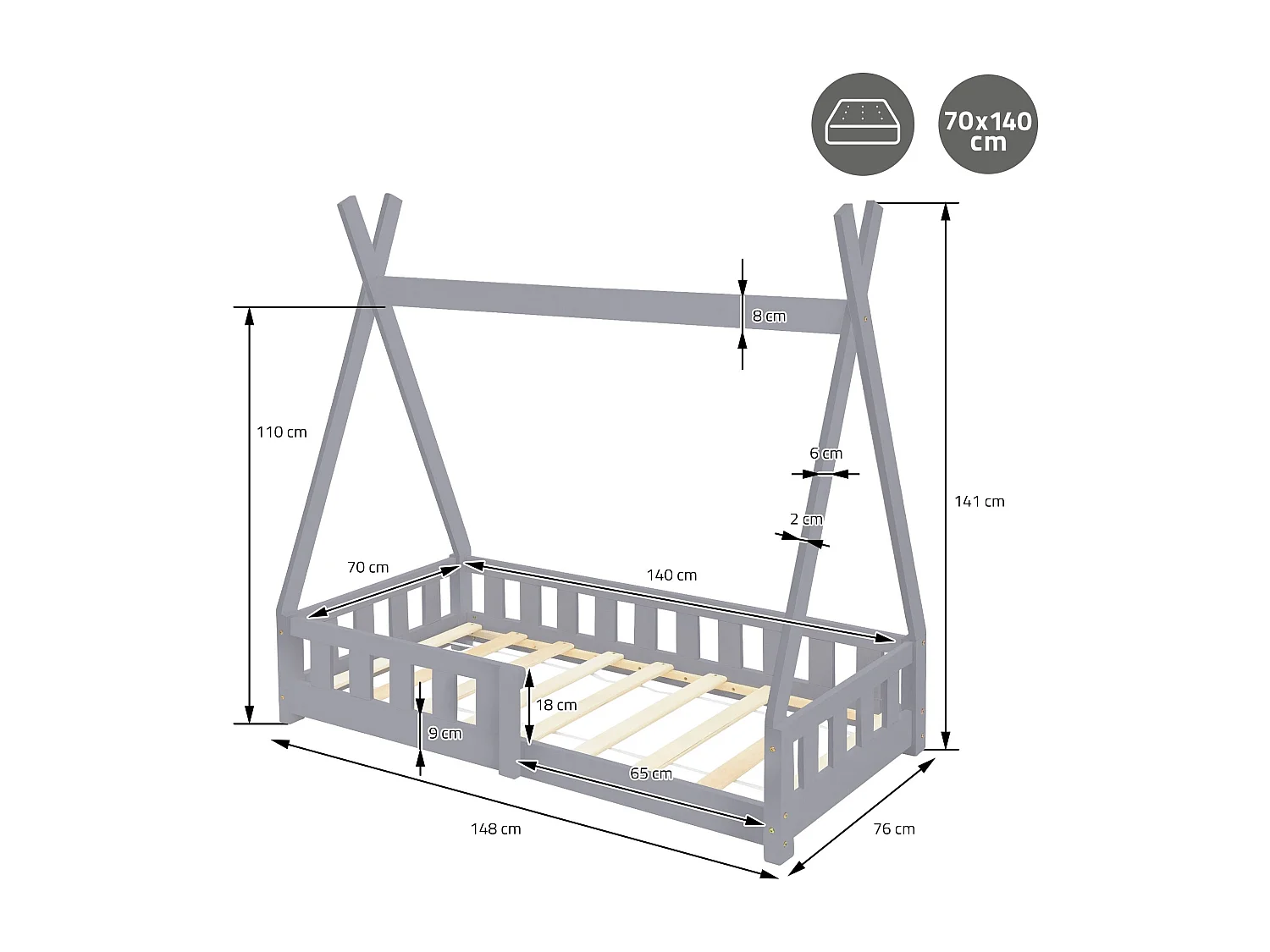 ML-Design Cama infantil tipi 70x140cm color gris claro con protección anticaída y somier mobiliario con estructura de listones madera de pino maciza