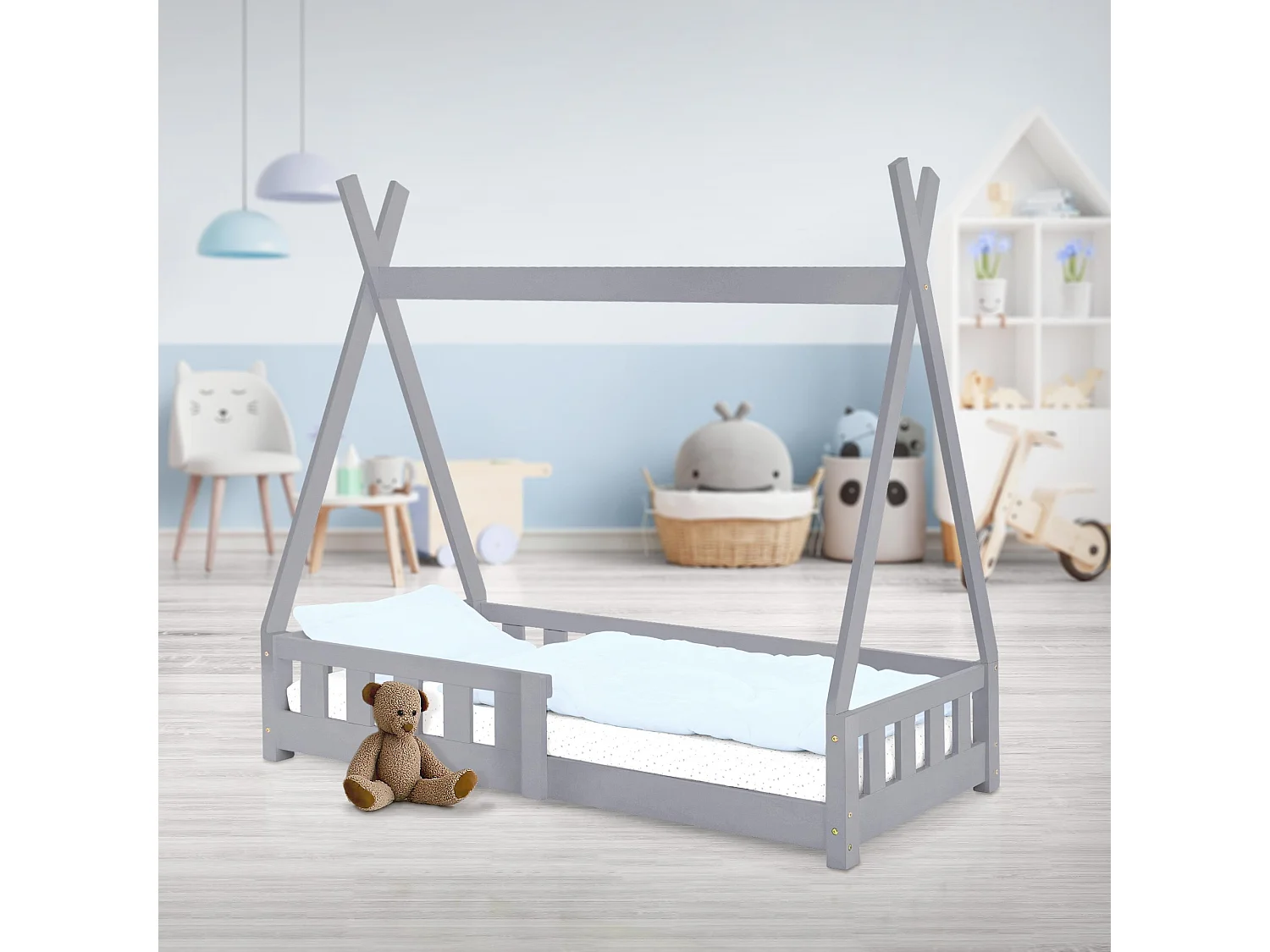 ML-Design Cama infantil tipi 70x140cm color gris claro con protección anticaída y somier mobiliario con estructura de listones madera de pino maciza