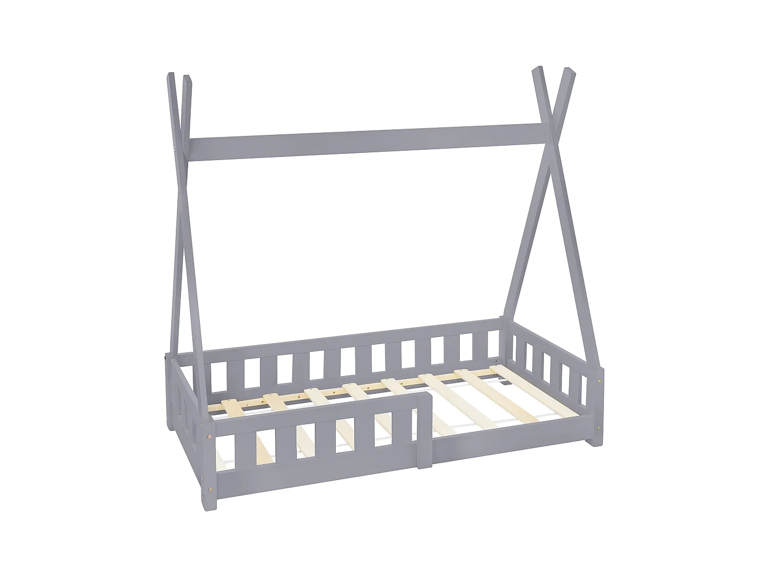 Lit d'enfants Tipi 140x70 cm gris clair style maison avec protection sommier à lattes grille de sécurité en bois de pin tente indien filles/garçons