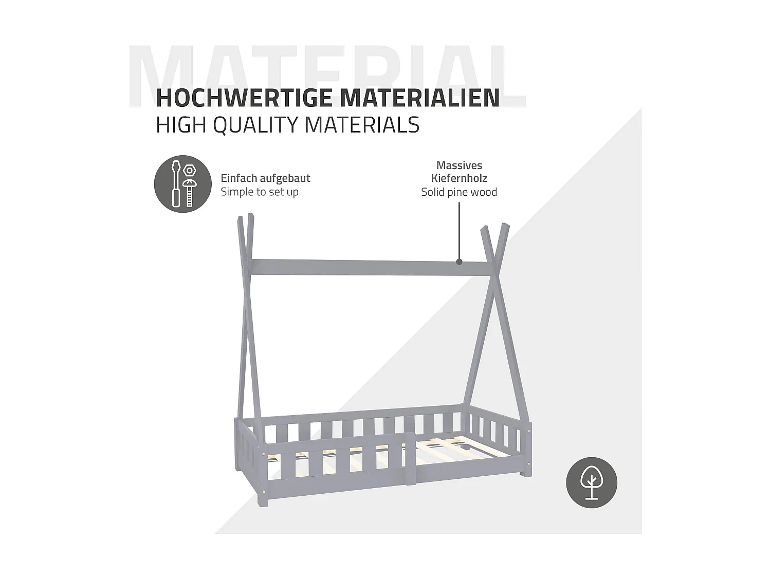 ML-Design Letto tepee per bambini 70x 140 cm con sponde, lettino tenda indiana da gioco in legno di pino massiccio grigio per cameretta bimbi