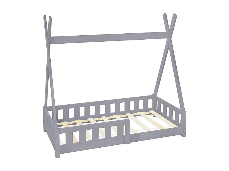 Lit d'enfants Tipi 140x70 cm gris clair style maison avec protection sommier à lattes grille de sécurité en bois de pin tente indien filles/garçons