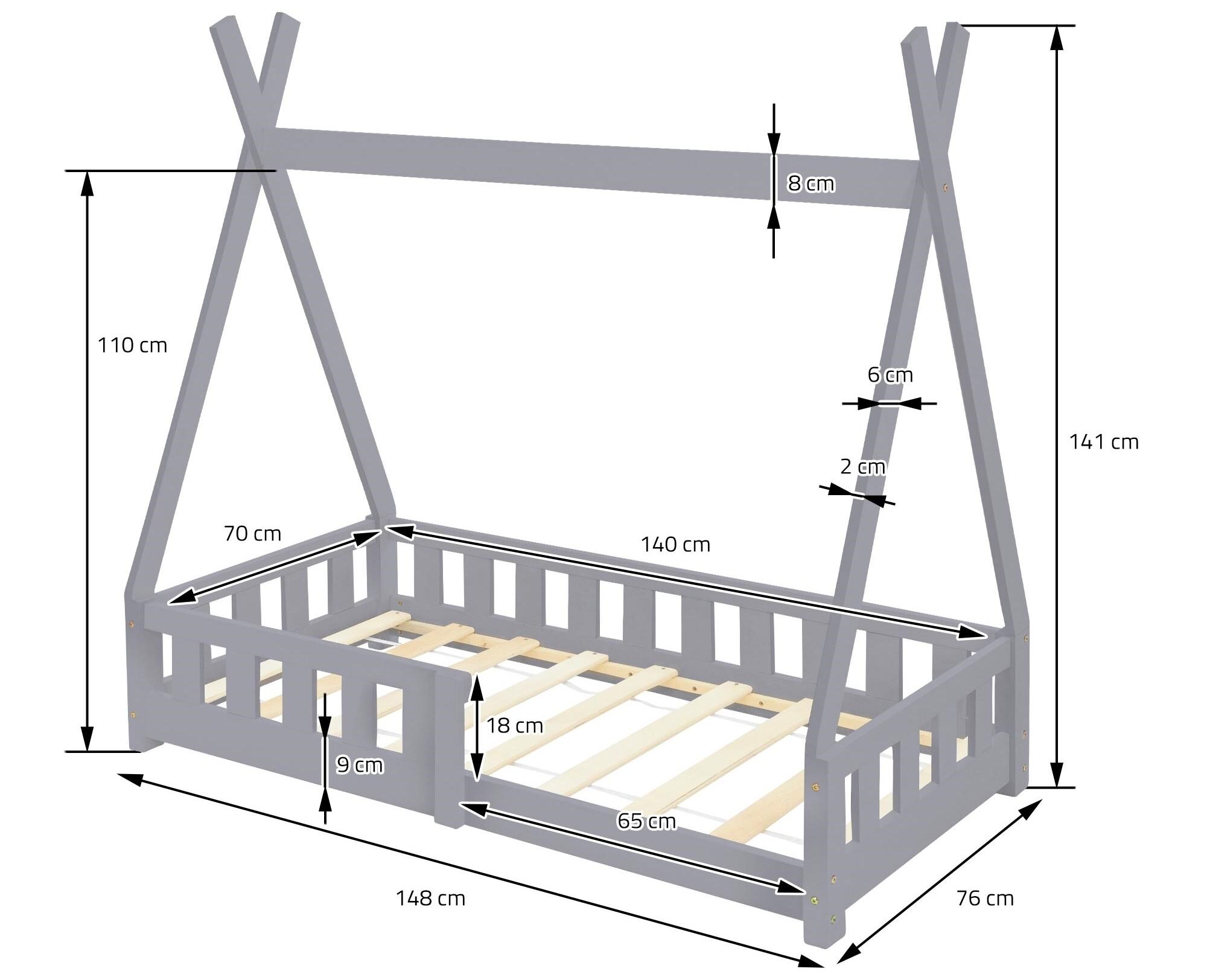 Cama infantil Tipi con protección anticaída de pino natural 70x140 cm