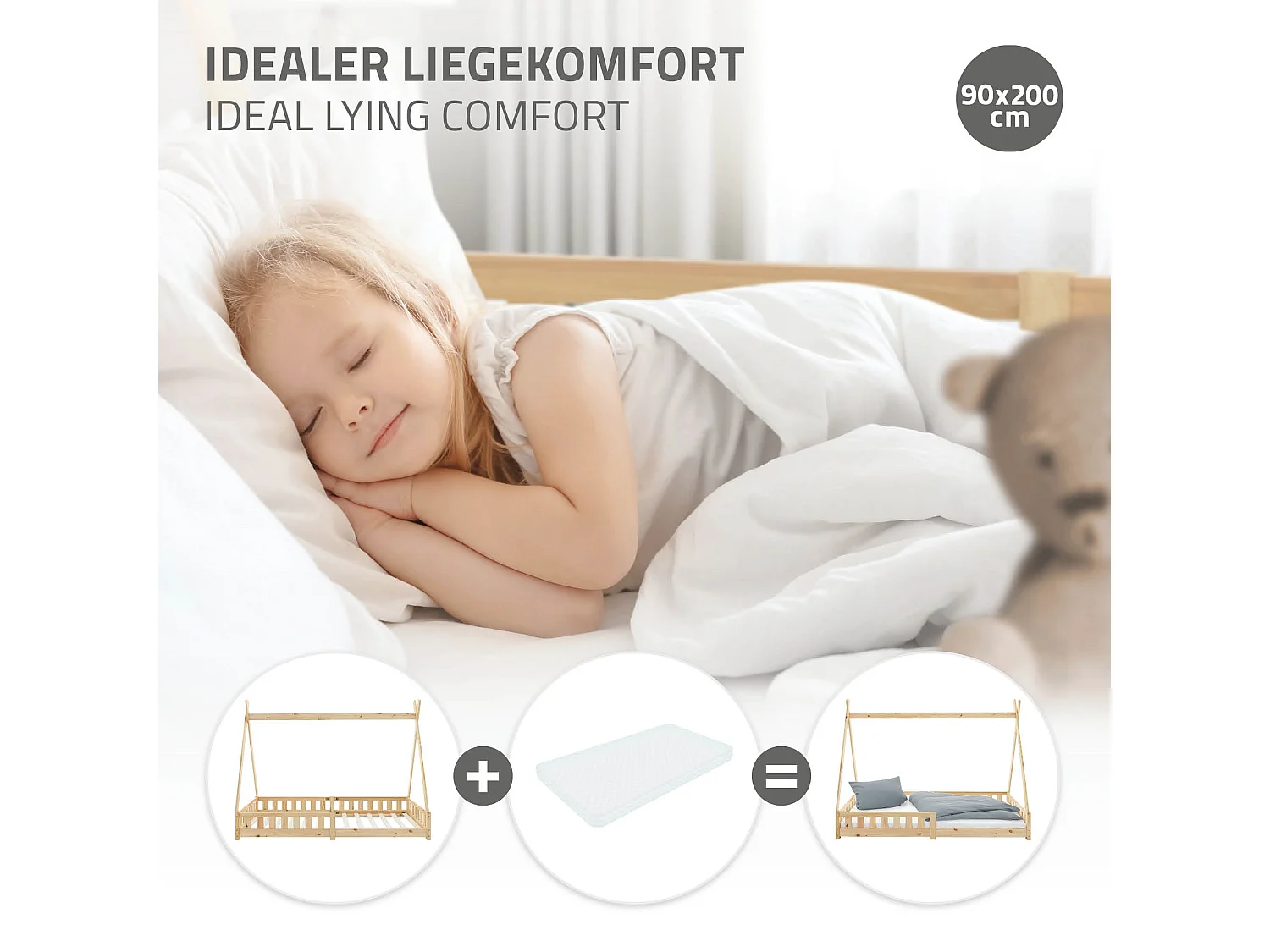 ML-Design Lettino tepee per bambini 90x 200 cm con sponde, letto tenda indiana in legno di pino massiccio naturale per cameretta bimbi