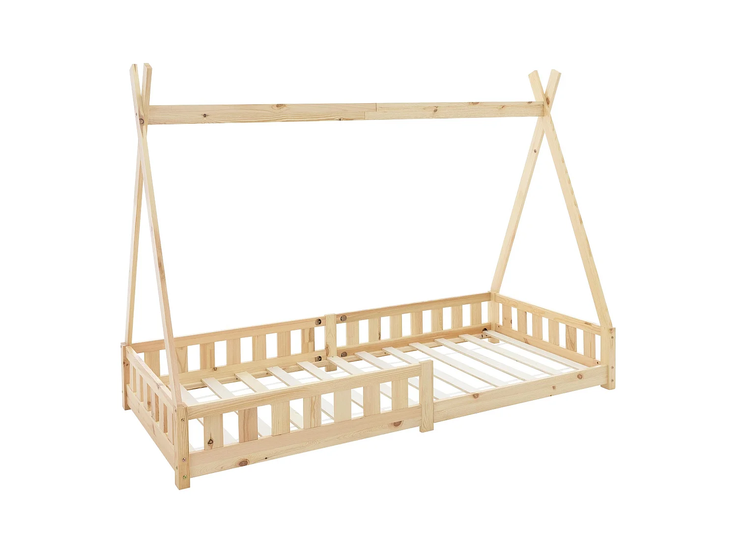 Lit d'enfants Tipi 90x200 cm naturel style indien avec clôture et sommier à lattes protection antichutes bois de pin tente de jeu pour filles/garçons