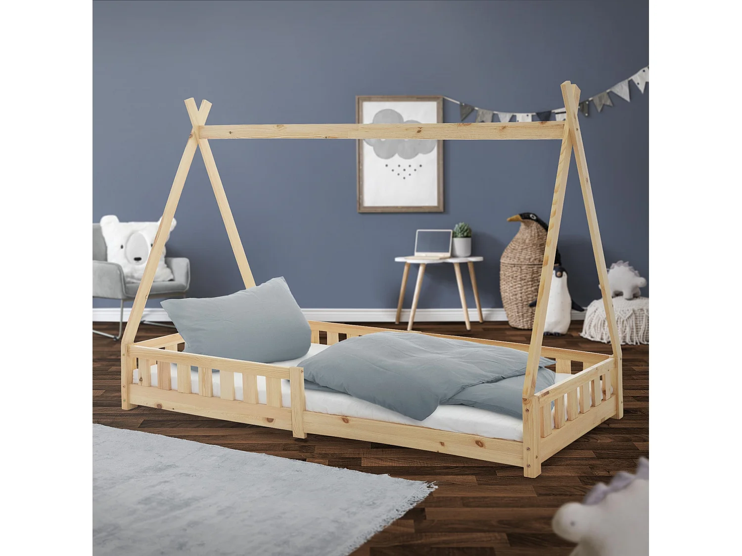 ML-Design Lettino tepee per bambini 90x 200 cm con sponde, letto tenda indiana in legno di pino massiccio naturale per cameretta bimbi