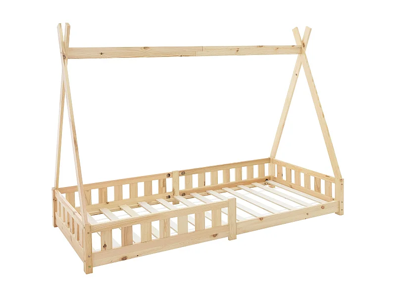 Lit d'enfants Tipi 90x200 cm naturel style indien avec clôture et sommier à lattes protection antichutes bois de pin tente de jeu pour filles/garçons