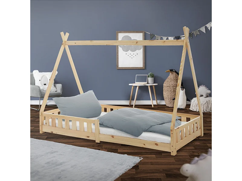 ML-Design Cama infantil tipi 200x90cm color natural con protección anticaída y somier mobiliario con estructura de listones madera de pino maciza