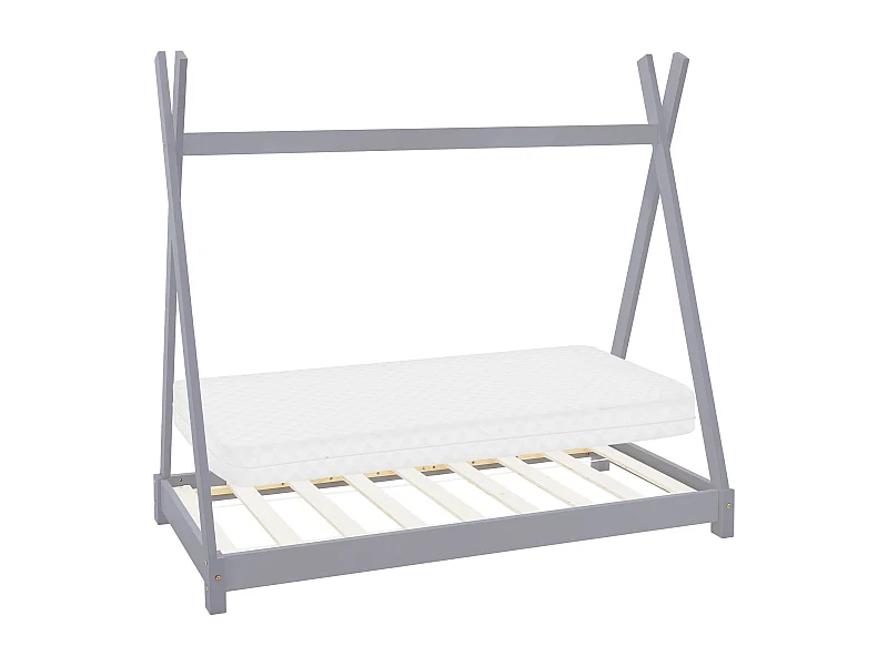 ML-Design Letto per bambini a forma di tenda 70x140 cm grigio in pino massiccio con rete a doghe, stile montessori e materasso in schiuma fredda