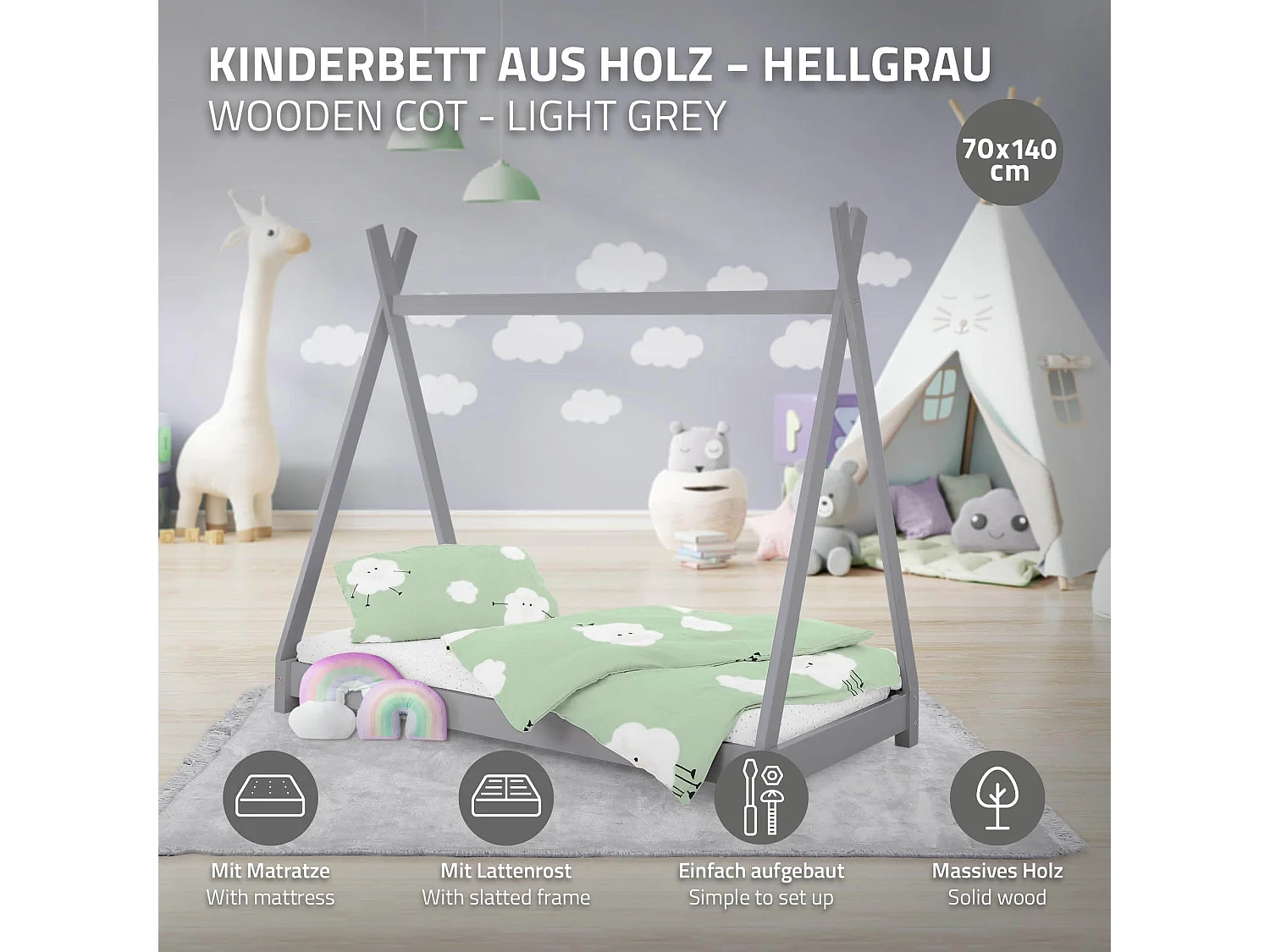 ML-Design Cama infantil tipi 70x140 cm color gris con colchón de espuma fría y somier estructura de listones con techo forma de tienda