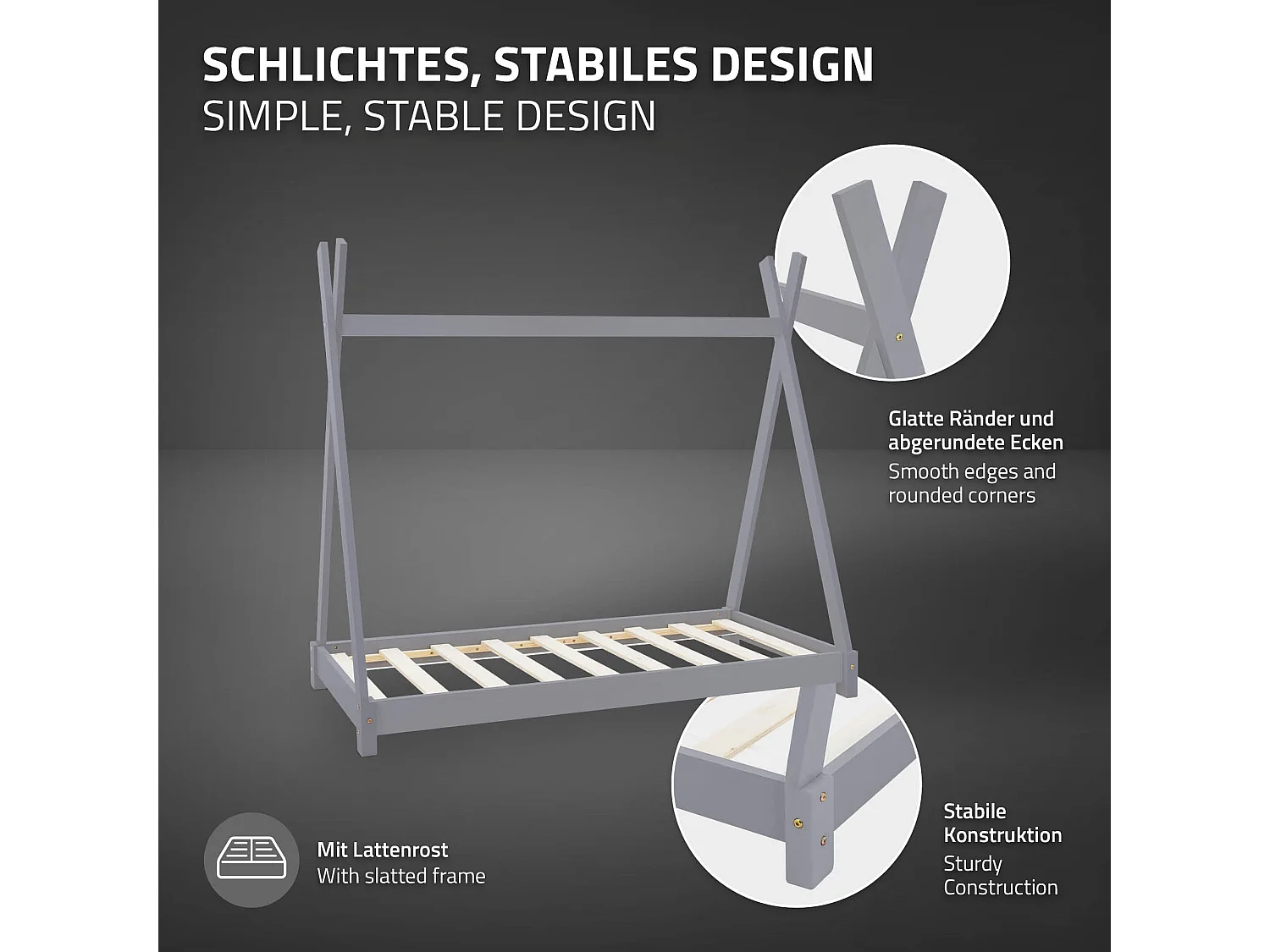ML-Design Cama infantil tipi 70x140 cm color gris con colchón de espuma fría y somier estructura de listones con techo forma de tienda