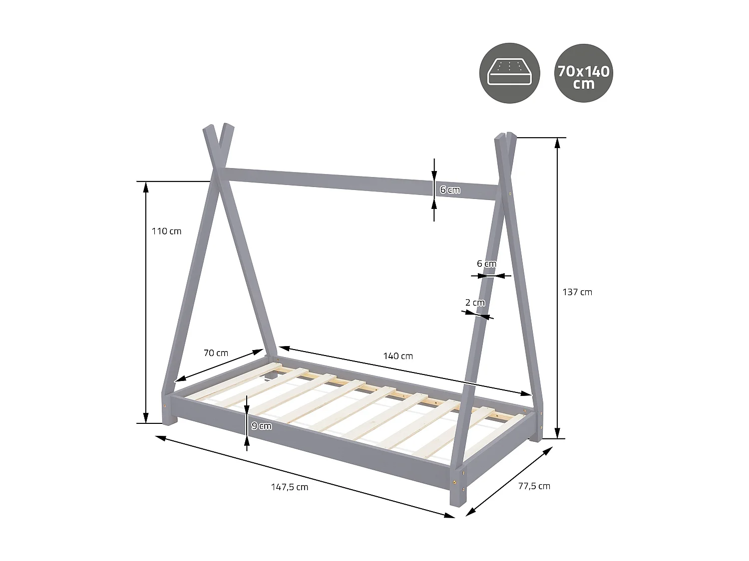 Lit d'enfants Tipi 70x140cm gris clair style indien cadre bois de pin massif matelas hypoallergénique housse amovible respirant et sommier à lattes