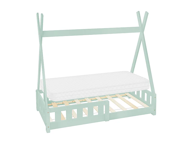 ML-Design Cama infantil tipi 70 x 140 cm color menta con colchón de espuma fría y somier estructura de listones con techo forma de tienda