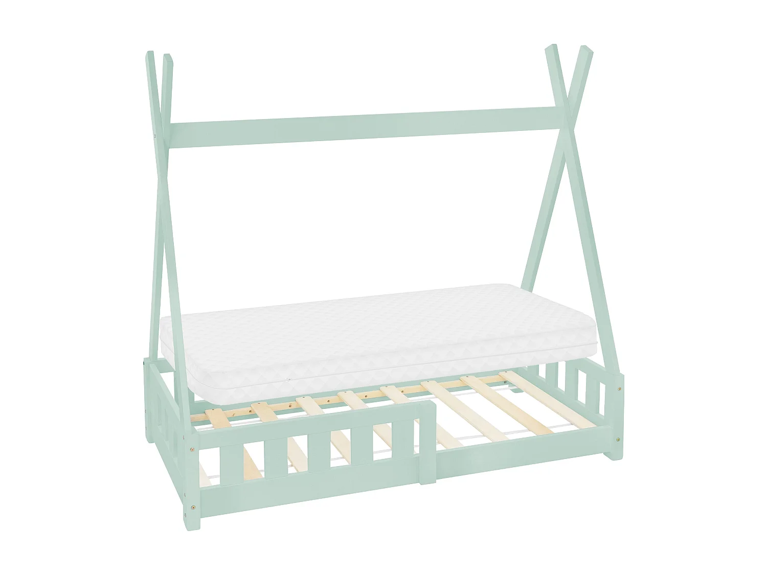 ML-Design Letto per bambini a forma di tenda 70x140 cm verde menta in pino massiccio con sponde stile montessori e materasso in schiuma fredda