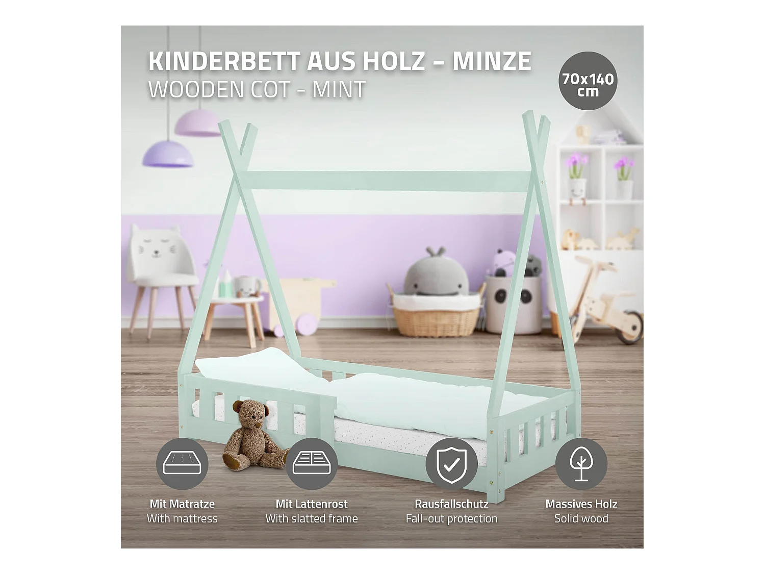 ML-Design Letto per bambini a forma di tenda 70x140 cm verde menta in pino massiccio con sponde stile montessori e materasso in schiuma fredda