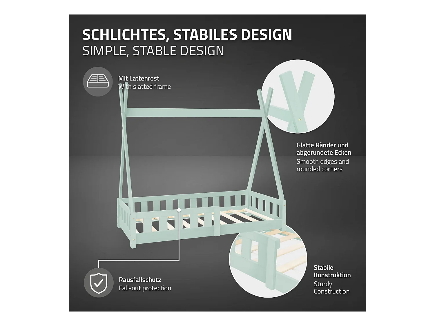 ML-Design Letto per bambini a forma di tenda 70x140 cm verde menta in pino massiccio con sponde stile montessori e materasso in schiuma fredda