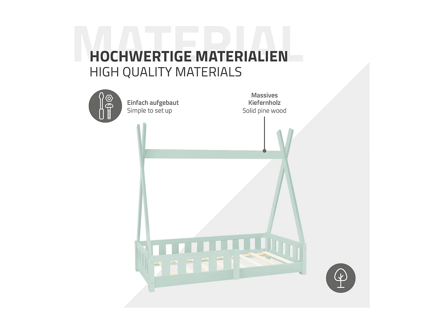 ML-Design Letto per bambini a forma di tenda 70x140 cm verde menta in pino massiccio con sponde stile montessori e materasso in schiuma fredda