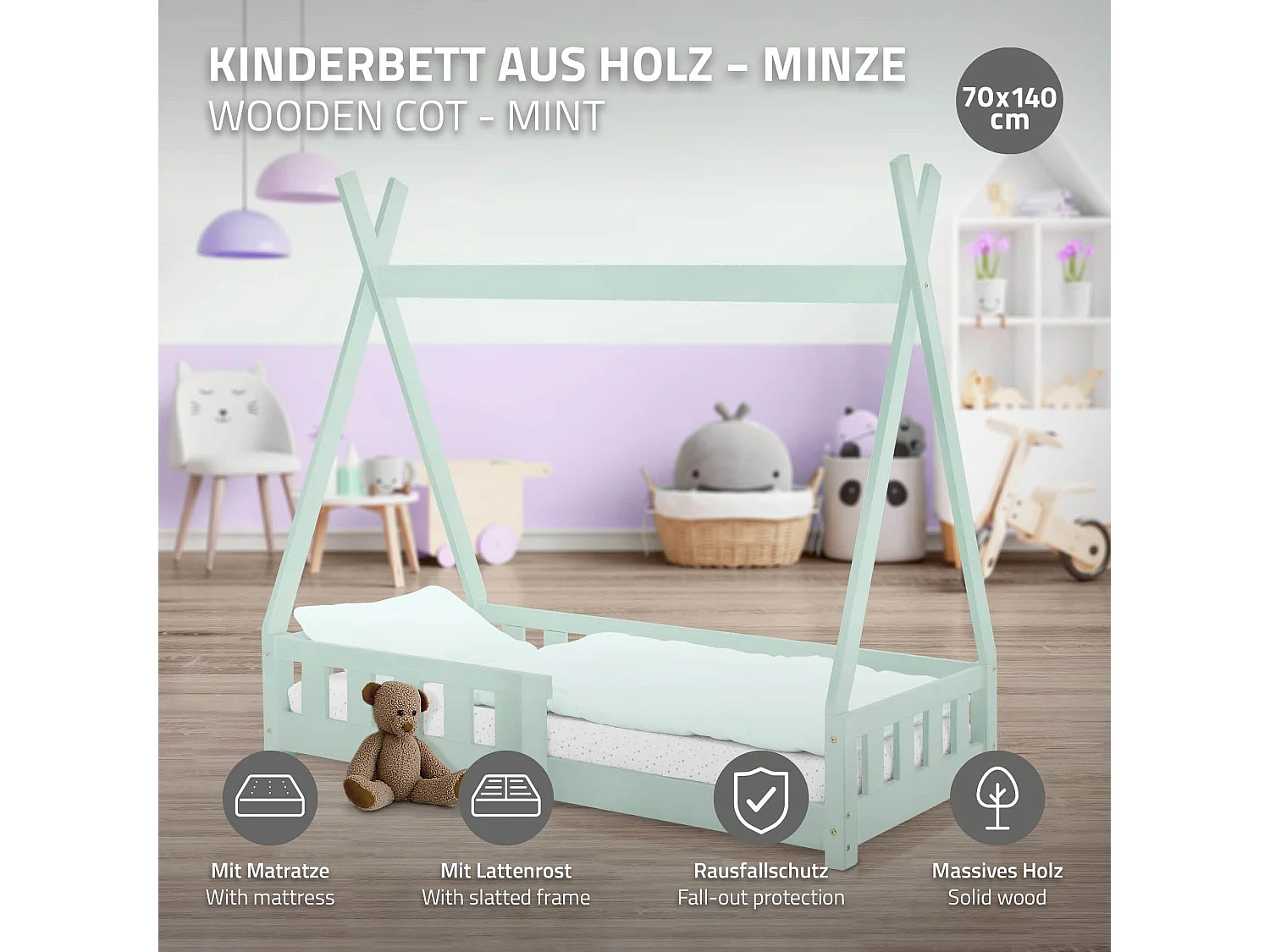 ML-Design Letto per bambini a forma di tenda 70x140 cm verde menta in pino massiccio con sponde stile montessori e materasso in schiuma fredda