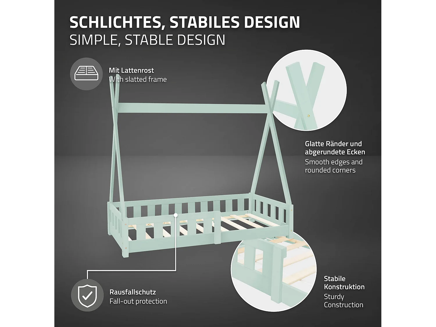 ML-Design Letto per bambini a forma di tenda 70x140 cm verde menta in pino massiccio con sponde stile montessori e materasso in schiuma fredda