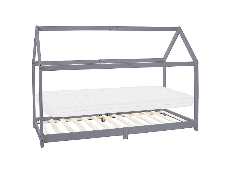 Lit d'enfants 90x200 cm gris clair style maison bois de pin massif matelas H10 cm housse amovible sommier protection anti-chute pour filles garçons