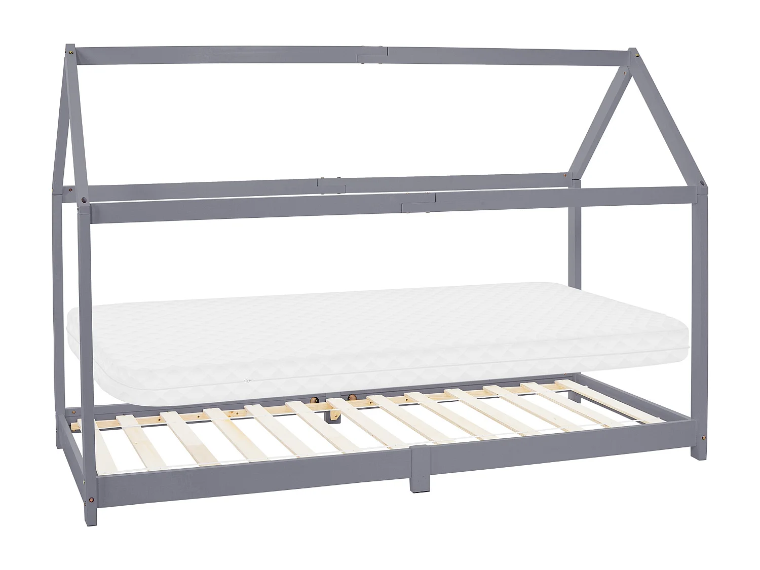 Lit d'enfants 90x200 cm gris clair style maison bois de pin massif matelas H10 cm housse amovible sommier protection anti-chute pour filles garçons