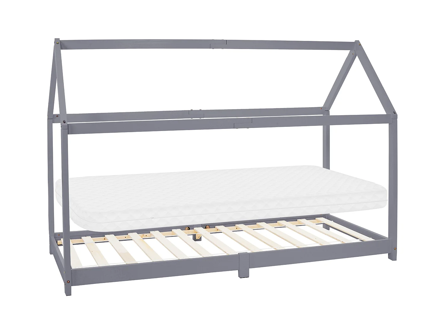 Lit d'enfants 90x200 cm gris clair style maison bois de pin massif matelas H10 cm housse amovible sommier protection anti-chute pour filles garçons