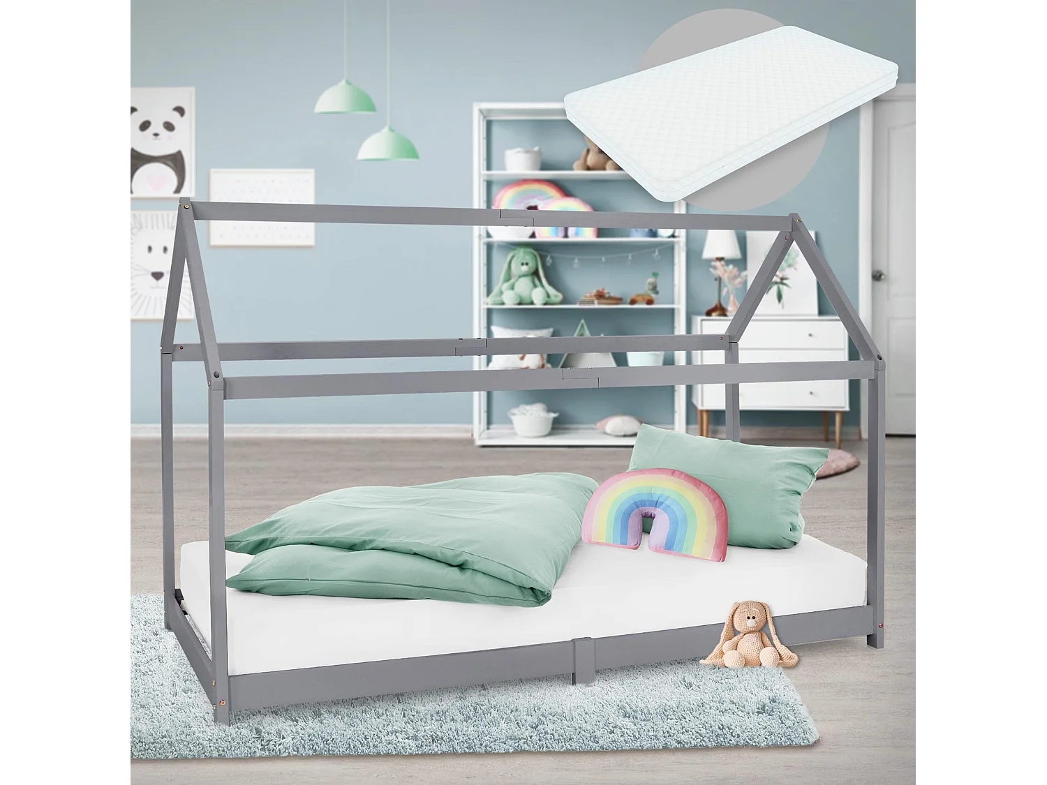 Lit d'enfants 90x200 cm gris clair style maison bois de pin massif matelas H10 cm housse amovible sommier protection anti-chute pour filles garçons