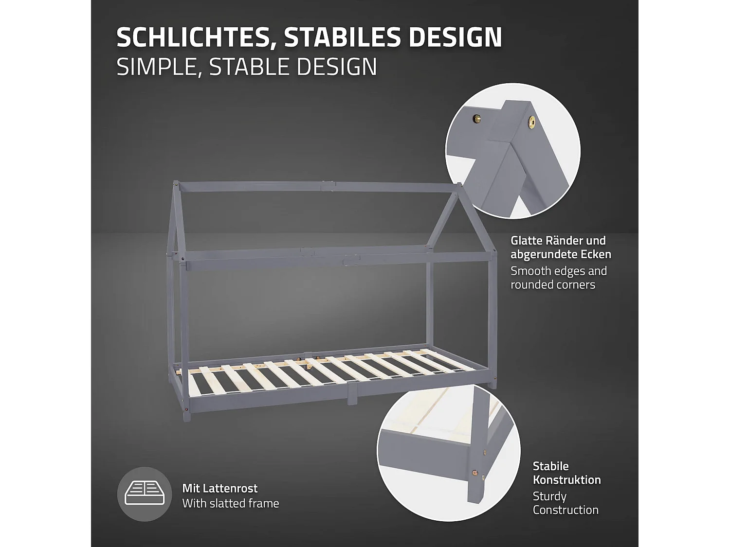 Lit d'enfants 90x200 cm gris clair style maison bois de pin massif matelas H10 cm housse amovible sommier protection anti-chute pour filles garçons