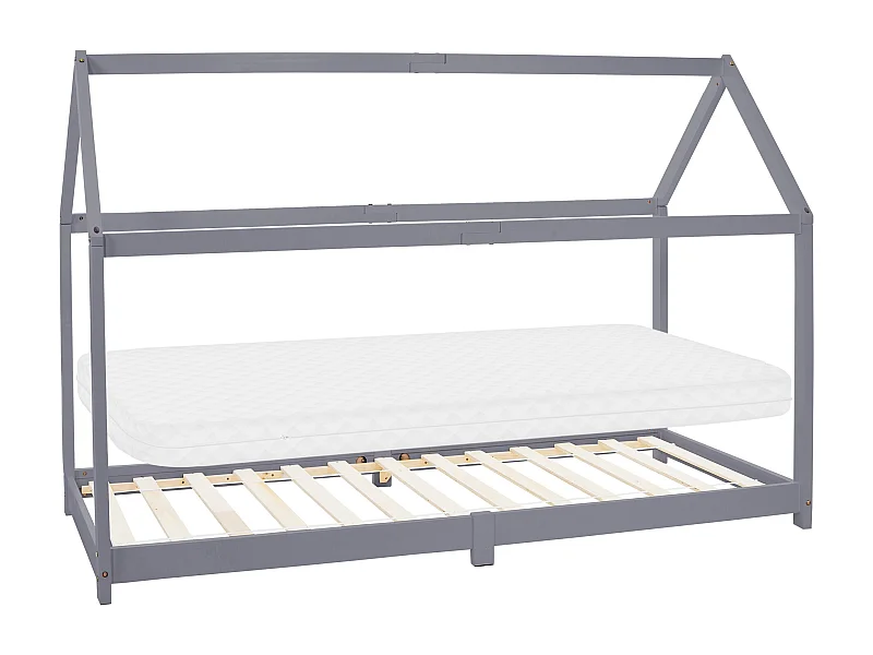 Lit d'enfants 90x200 cm gris clair style maison bois de pin massif matelas H10 cm housse amovible sommier protection anti-chute pour filles garçons