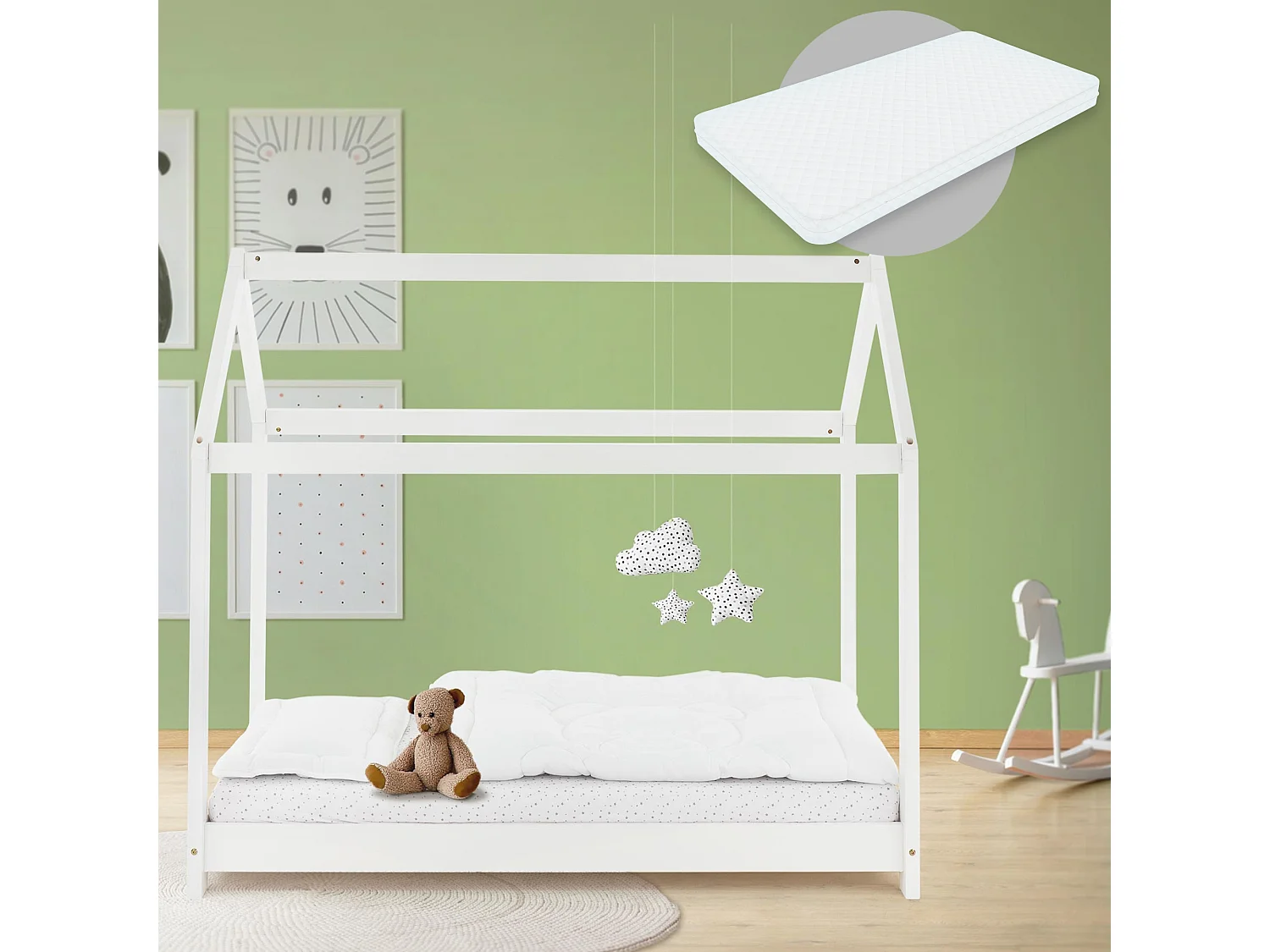 Lit d'enfants 80x160 cm blanc forme de maison en bois de pin massif avec matelas housse amovible sommier à lattes cadre de lit pour filles garçons