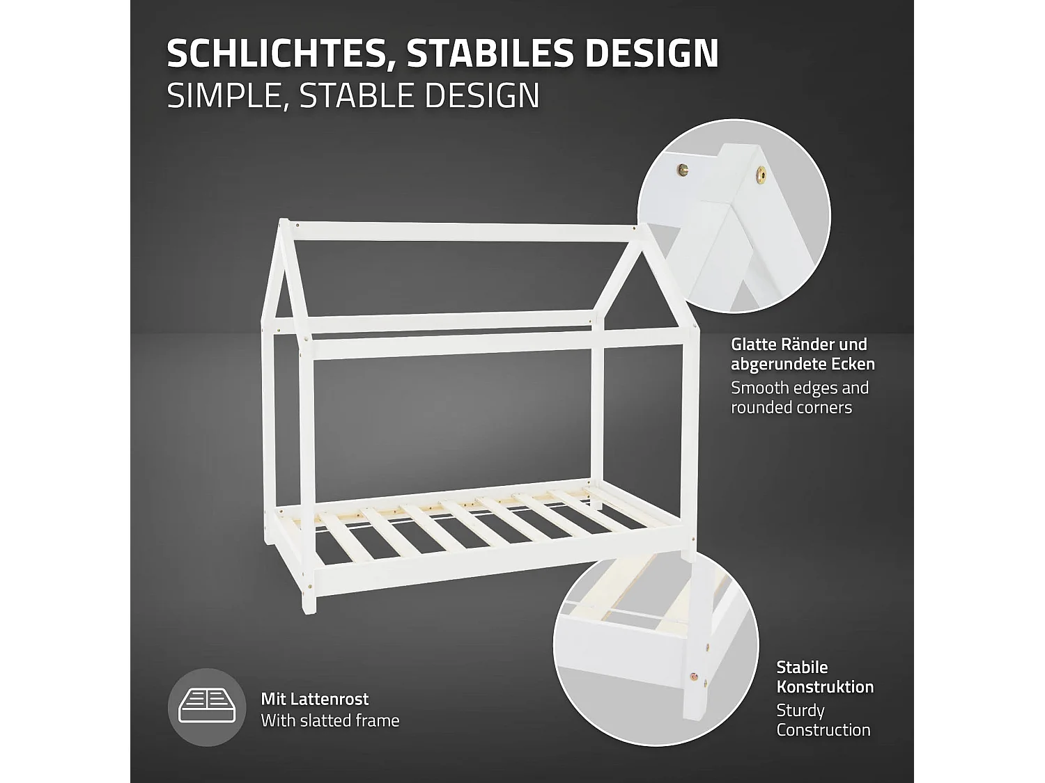 ML-Design Letto per bambini a forma di casa 80 x 160 cm bianco con materasso sfoderabile in schiuma fredda sponde anticaduta in legno di pino