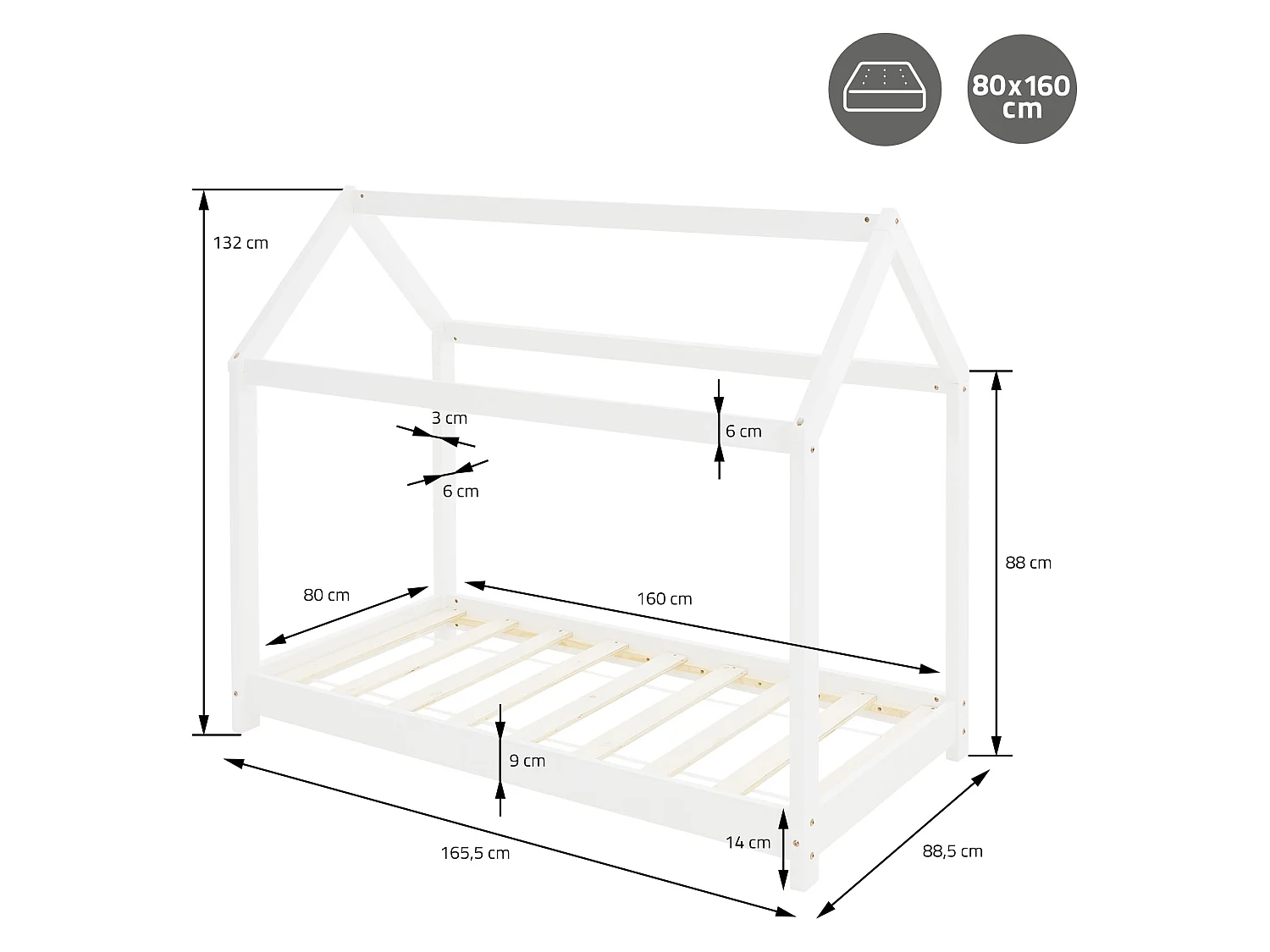 ML-Design Letto per bambini a forma di casa 80 x 160 cm bianco con materasso sfoderabile in schiuma fredda sponde anticaduta in legno di pino